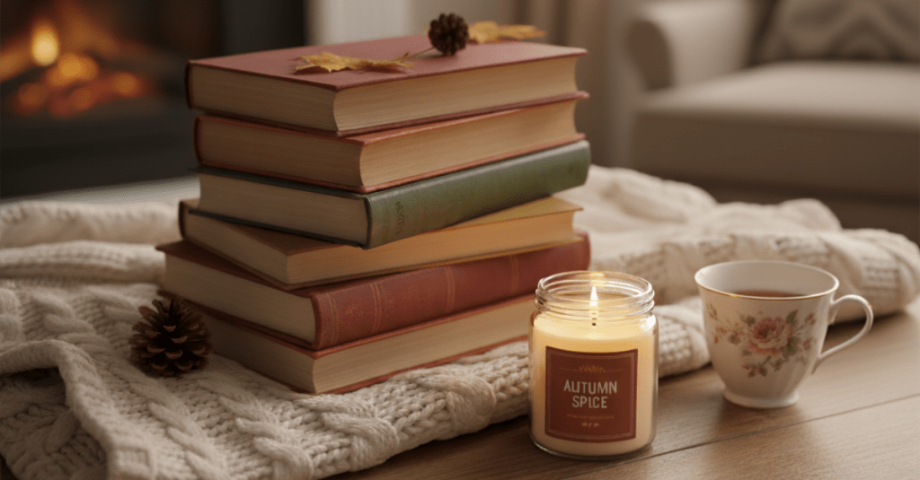 Cozy autumn reading setup with books, and candle.