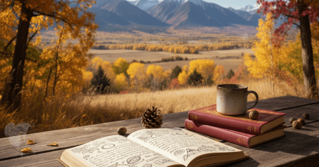 Book journaling setup with open journal, pen, and books.
