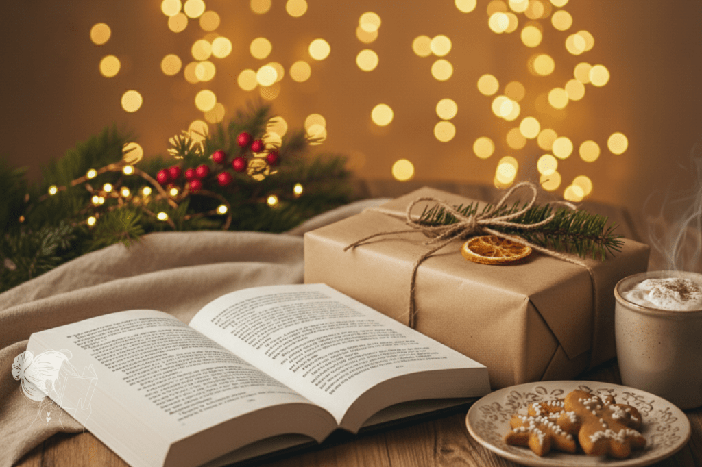 holiday-themed table with an open book, wrapped gift, fairy lights and pine sprigs