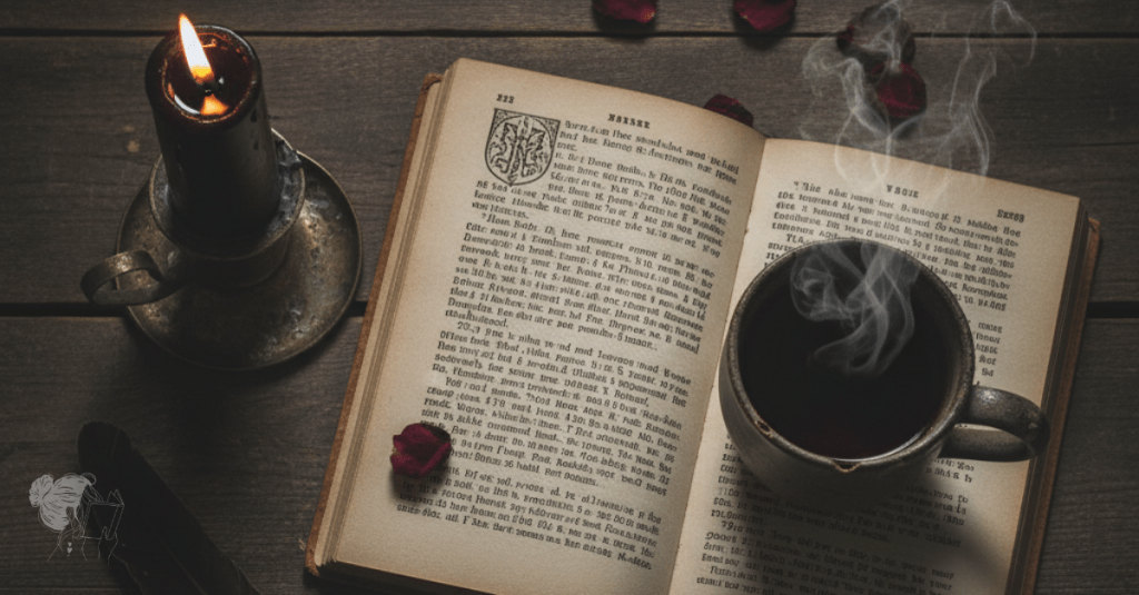 Moody autumn reading setup with candle and vintage book.