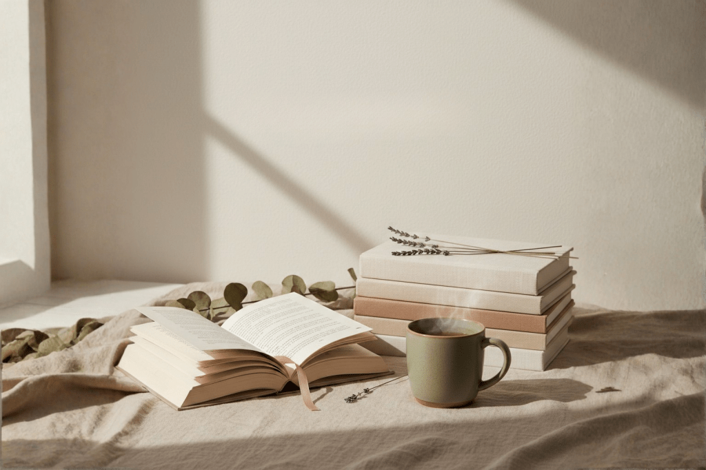 Cozy reading scene with an open book, stacked pastel-colored novels, dried florals, a steaming mug, and a knit blanket in soft sunlight.