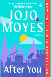 Cover of After You by Jojo Moyes featuring a stylized city skyline in soft blue and purple tones with a rising sun, creating a hopeful and reflective mood.