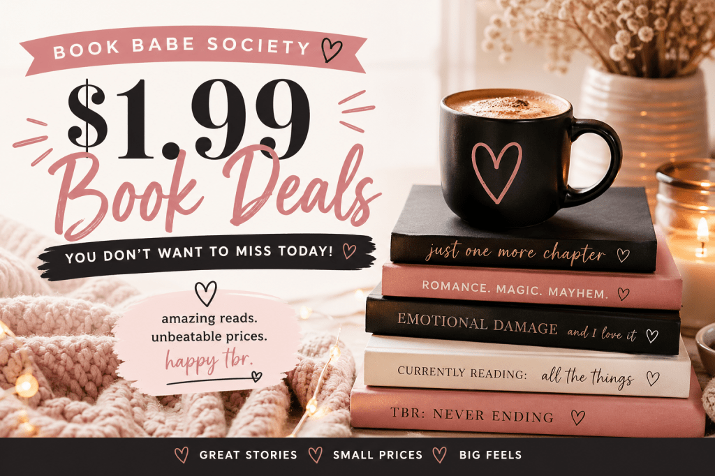 Book Babe Society $1.99 book deals banner featuring a cozy stack of books, a coffee mug, and warm neutral tones with a soft, inviting reading atmosphere.