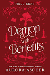 Cover of Demon with Benefits by Aurora Ascher featuring a bold red background with ornate decorative elements and playful typography, giving a dark yet whimsical paranormal vibe.