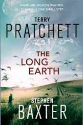 Cover of The Long Earth by Terry Pratchett and Stephen Baxter featuring a surreal landscape with multiple layered horizons and a lone figure, evoking parallel worlds and infinite possibilities.