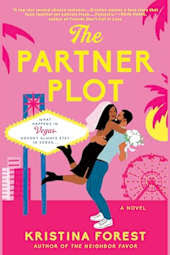 Cover of The Partner Plot by Kristina Forest featuring a bright pink background with an illustrated couple embracing near a city signpost, surrounded by playful, romantic elements.