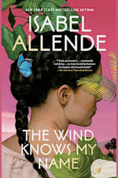 Cover of The Wind Knows My Name by Isabel Allende featuring a young girl in profile with braided hair, set against a vibrant pink background with layered artistic textures.