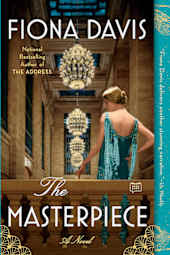 Cover of The Masterpiece by Fiona Davis featuring a woman in a teal dress walking through an ornate archway in Grand Central Terminal with intricate gold and architectural details.