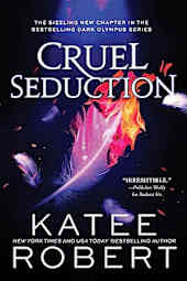 Cover of Cruel Seduction by Katee Robert featuring a dark background with a glowing pink and purple feather surrounded by floating petals, creating a sensual and dramatic tone.