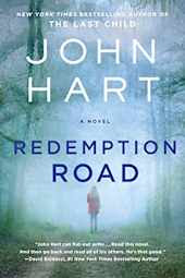 Cover of Redemption Road by John Hart featuring a lone figure walking down a foggy forest road with muted blue-green tones and a suspenseful atmosphere.